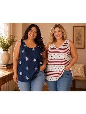 Patriotic Womens 4X Tank Tops Navy Star Print & Red White Stripe Star Design Fun